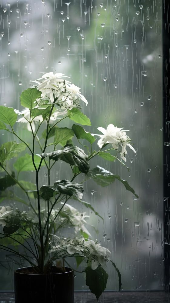 A rain scene with plant windowsill flower glass.