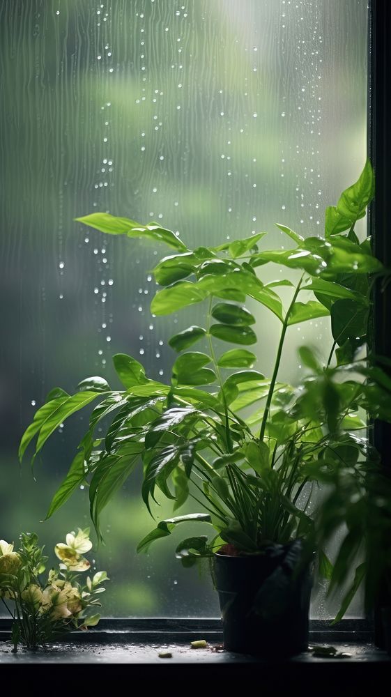 A rain scene with plant windowsill glass transparent.