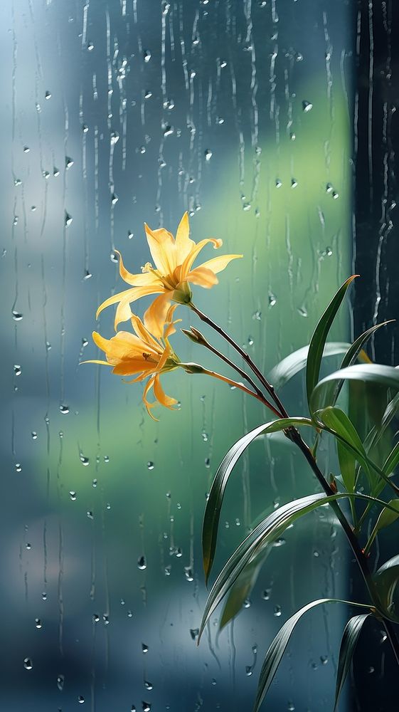 A rain scene with plant flower petal glass.