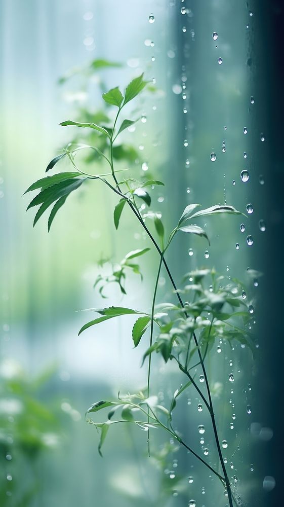 A rain scene with plant glass green leaf.