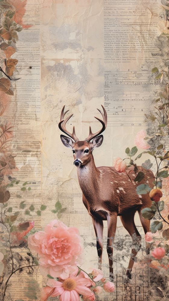 Wallpaper ephemera pale deer wildlife painting animal.