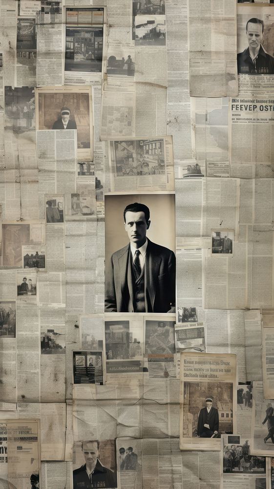 Wallpaper ephemera pale mid-age man newspaper collage art.