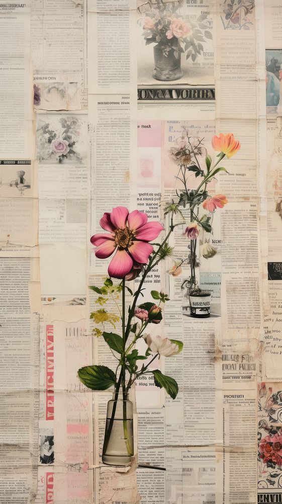 Wallpaper ephemera pale mountain newspaper flower plant.