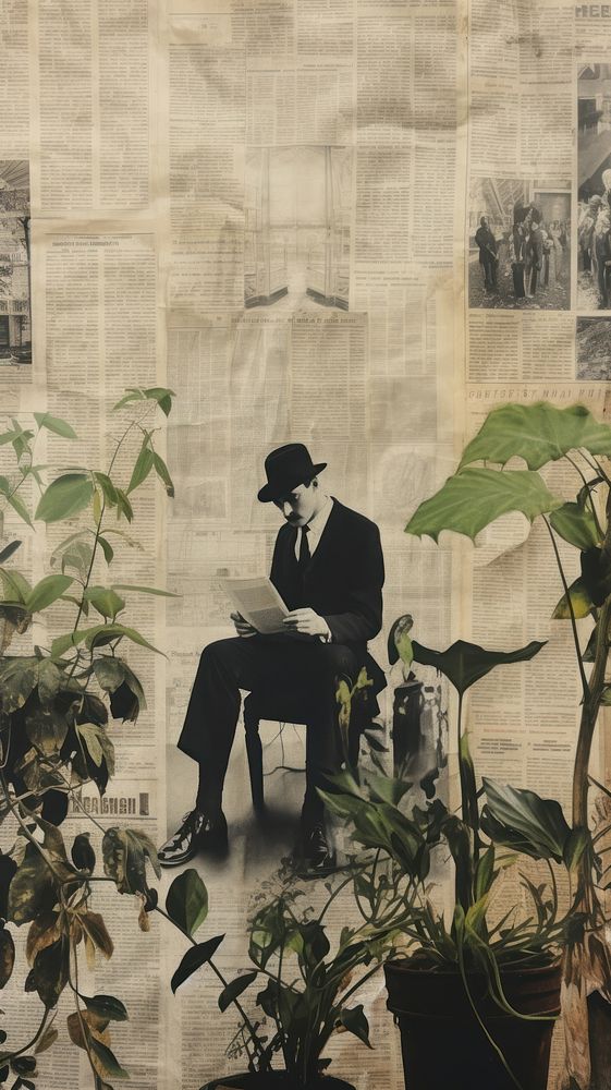 Wallpaper ephemera pale man newspaper sitting plant.