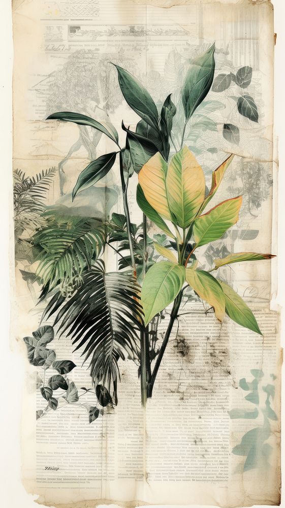 Wallpaper ephemera pale tropical leaf painting nature plant.