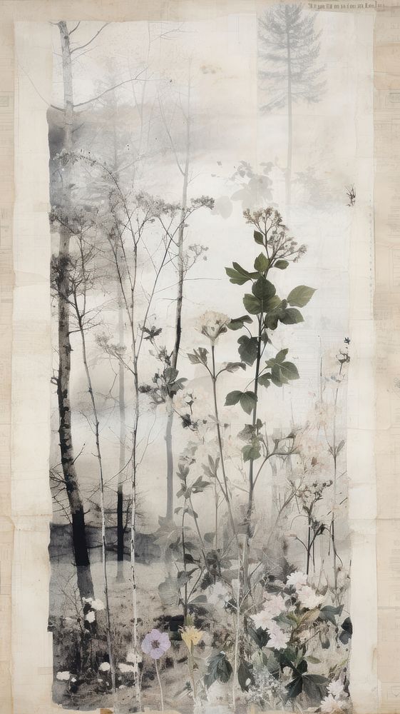 Wallpaper ephemera pale forest painting pattern plant.