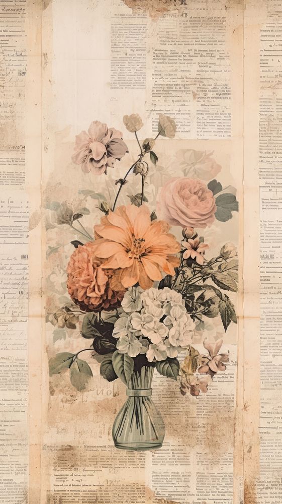 Wallpaper ephemera pale flower newspaper painting pattern.