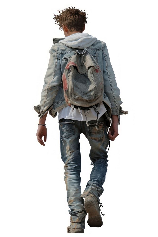 Young fashion man walking footwear backpack jacket.