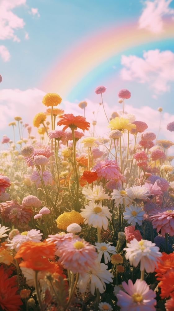 Flowers rainbow sky landscape.