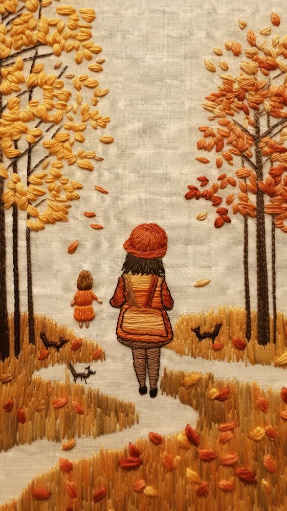 Autumn art embroidery cartoon.