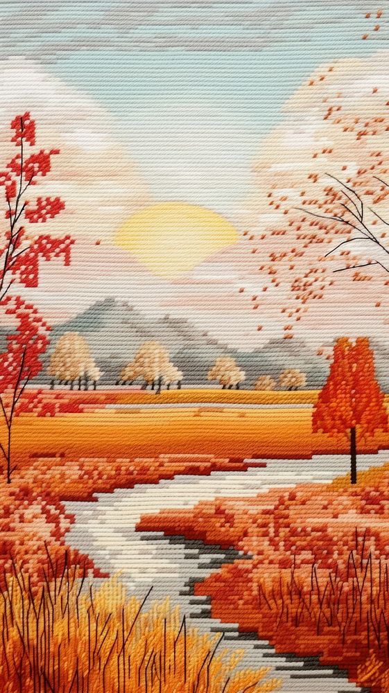 Cross stitch autumn landscape painting outdoors.