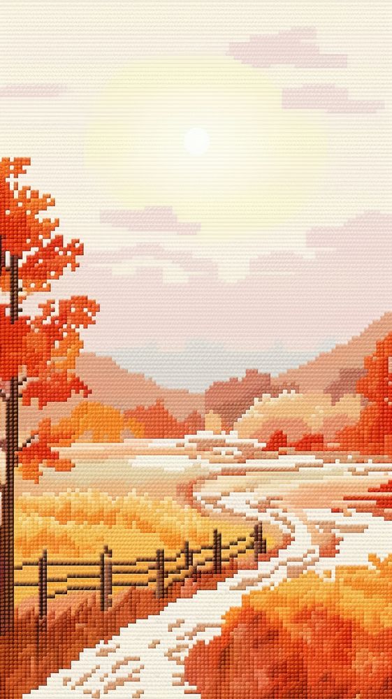 Cross stitch autumn landscape outdoors painting.
