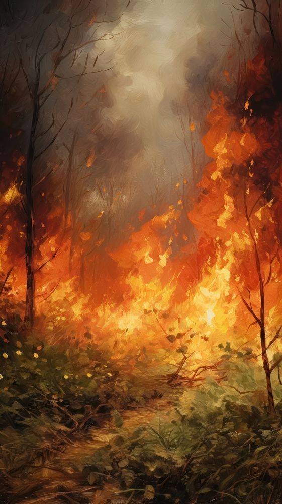 Vintage painting wallpaper fire destruction landscape.