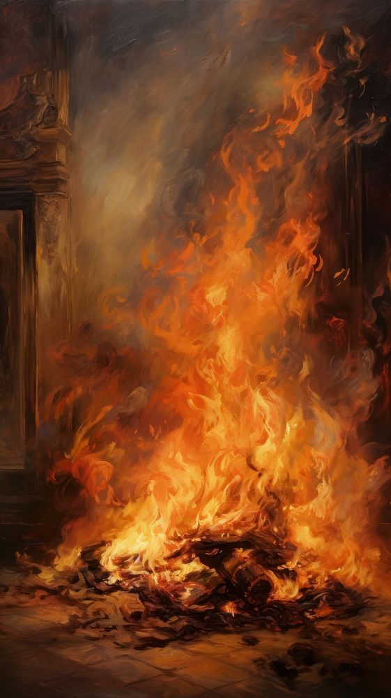 Vintage painting wallpaper fire fireplace bonfire.