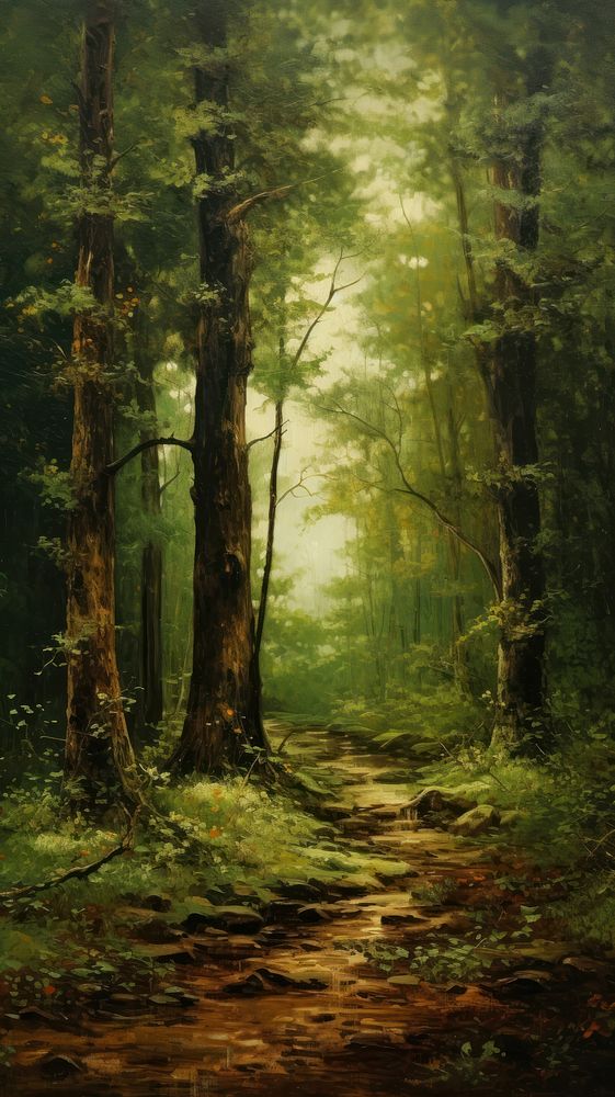 Vintage painting wallpaper forest landscape woodland.