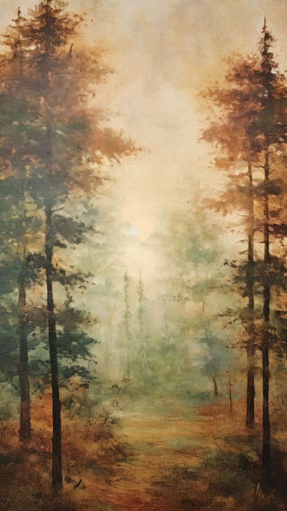 Vintage painting wallpaper forest outdoors woodland.
