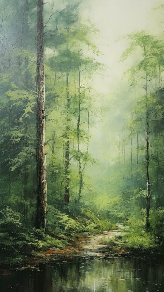 Vintage painting wallpaper forest wilderness landscape.