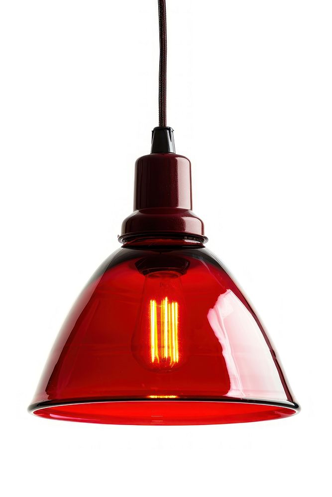 Retro red color pendant lamp white background electricity illuminated.