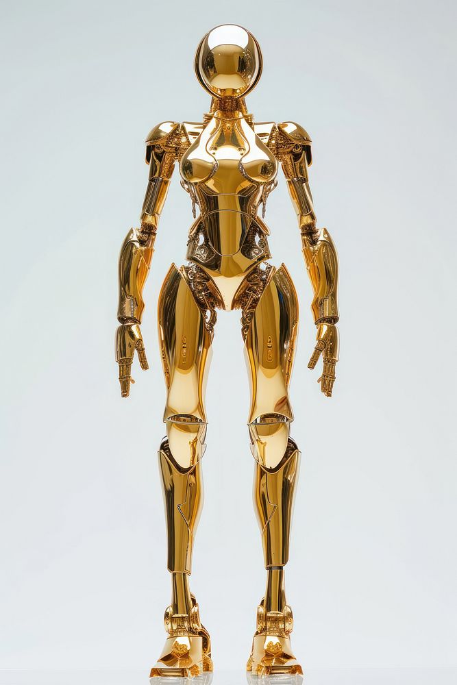 Retro female robot shiny human gold.