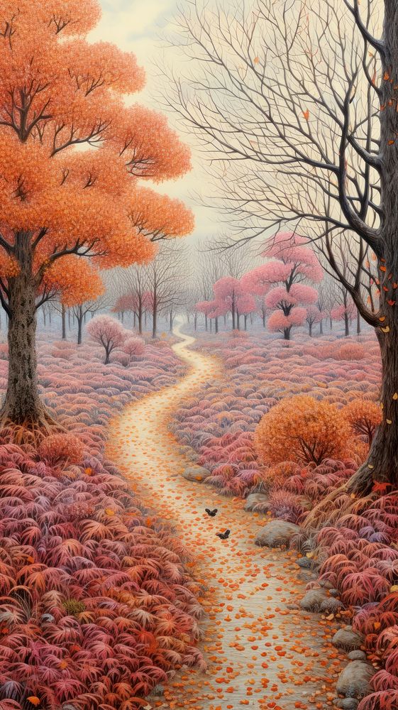 Illustration of a autumn landscape outdoors woodland.