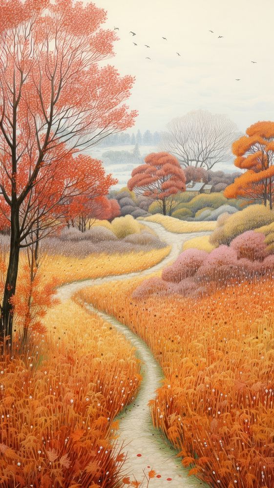 Illustration of a autumn landscape outdoors painting.