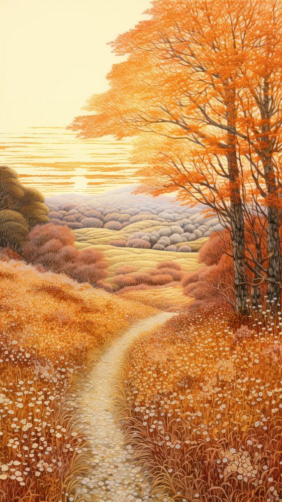 Illustration of a autumn landscape outdoors painting.