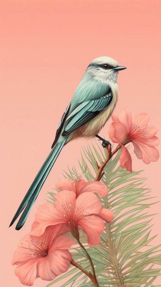 Realistic vintage drawing of long tailed tit border animal flower plant.