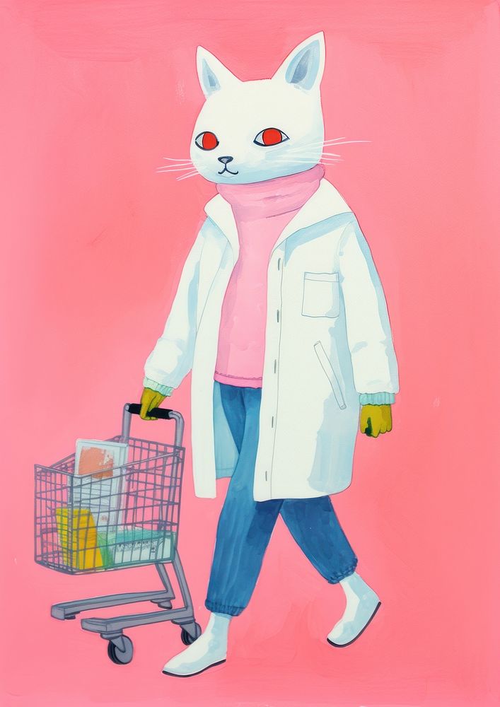 White cat goes shopping mammal pet representation.