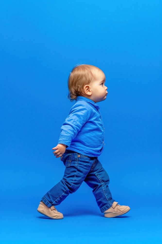 Young fashion baby walking portrait standing jeans.