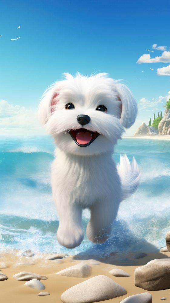 3D cartoon Maltese dog sea outdoors.