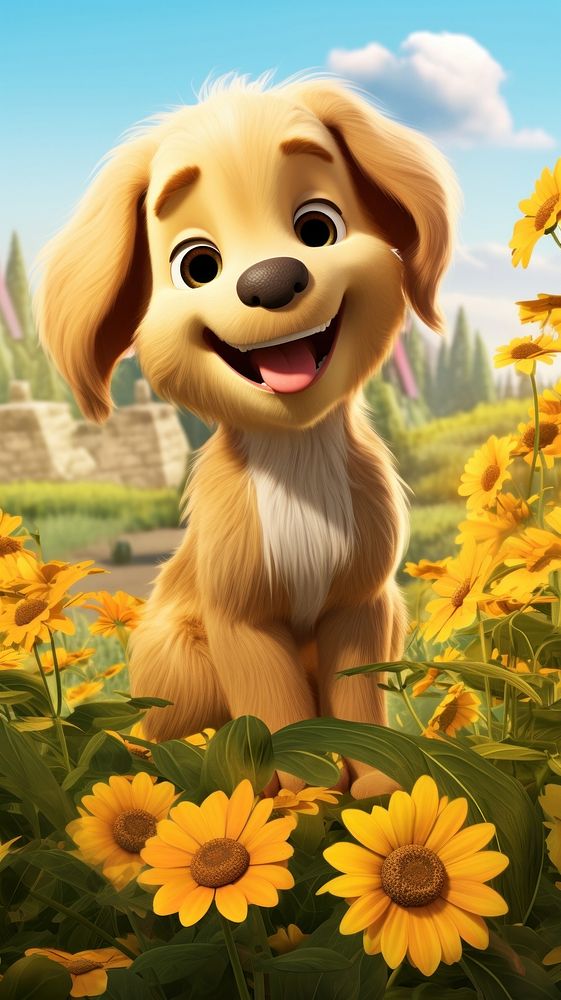 3D cartoon golden retriever flower dog outdoors.