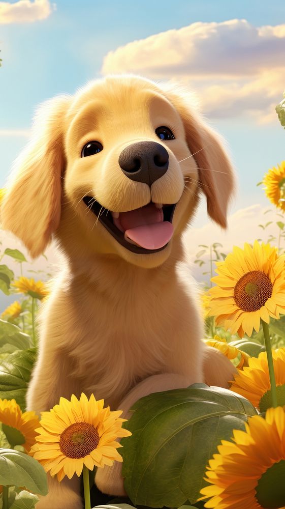 3D cartoon golden retriever flower dog outdoors.