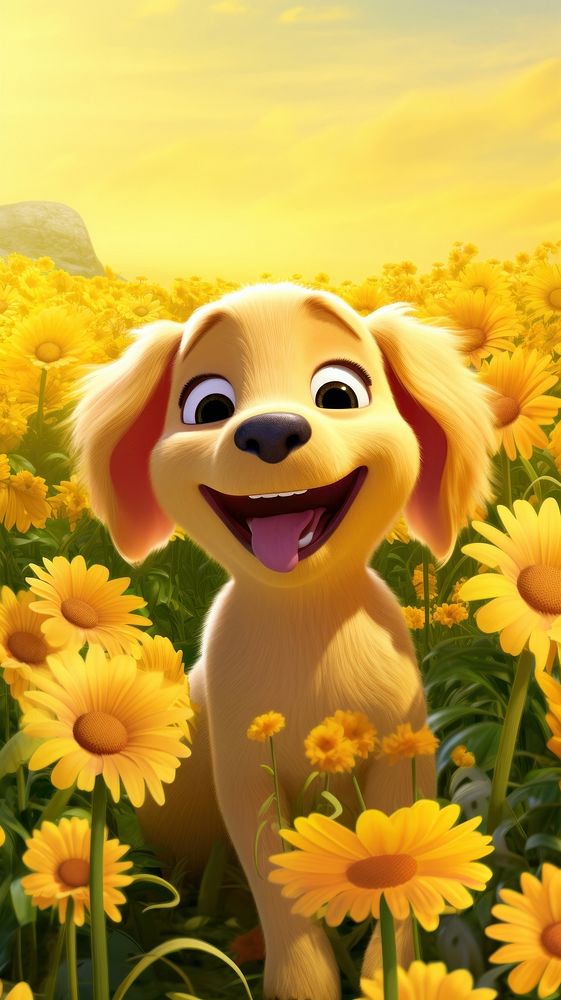 3D cartoon golden retriever flower dog portrait.
