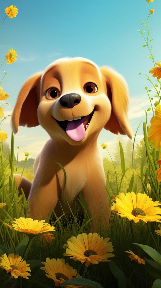 3D cartoon golden retriever flower dog portrait.