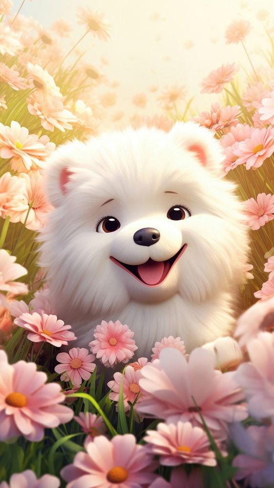 3D cartoon Samoyed flower dog portrait.