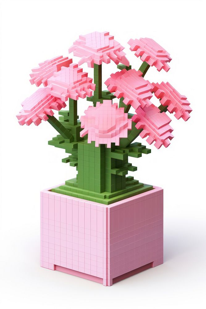 3D pixel art flowers vase plant white background.