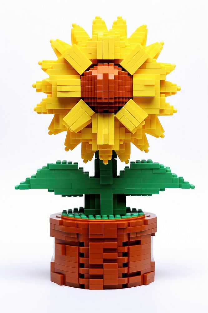 Sunflower in vasw bricks toy plant art representation.