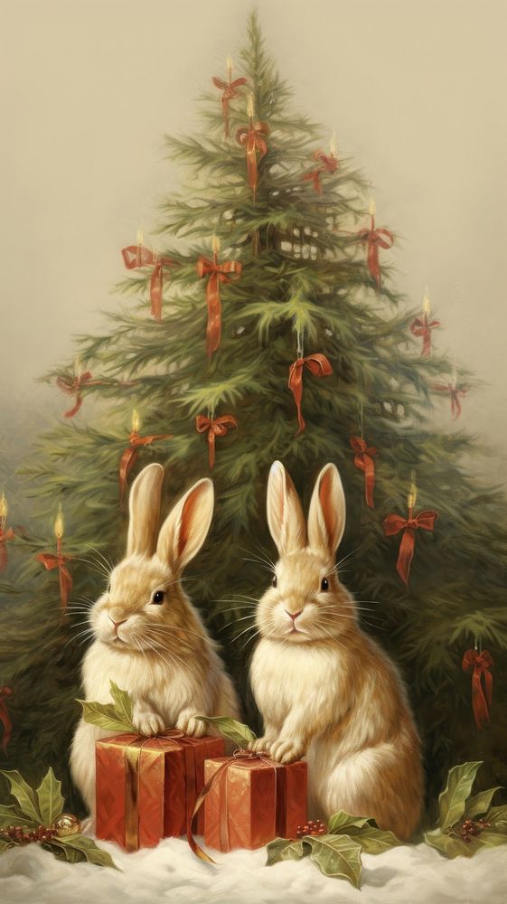 Rabbits dance around christmas tree mammal animal rodent.