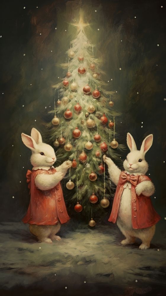 Rabbits dance around christmas tree mammal representation celebration.