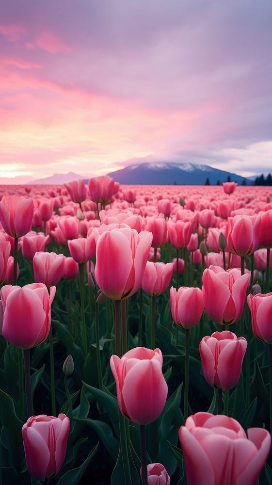 Field of pink tulip sky landscape outdoors.