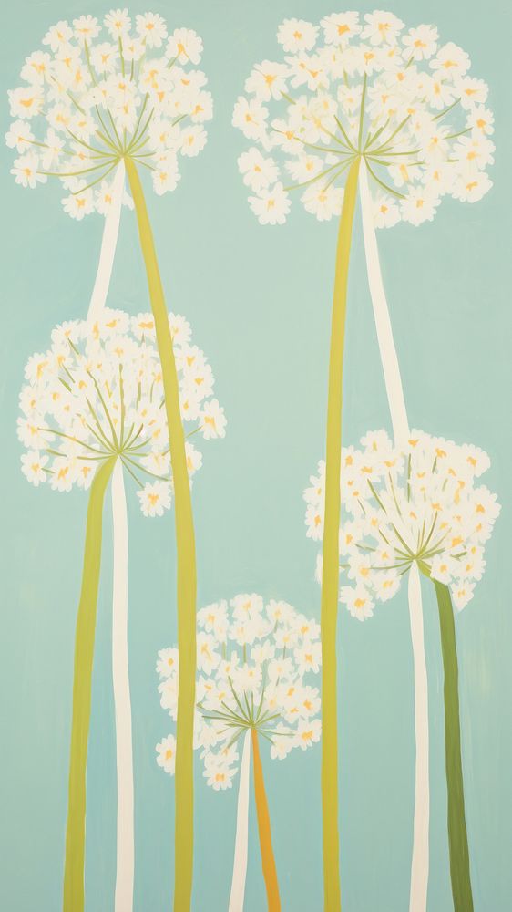 White Allium flower blooms wallpaper painting pattern.