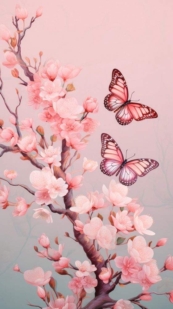 Pink giltter butterflys blossom flower plant.