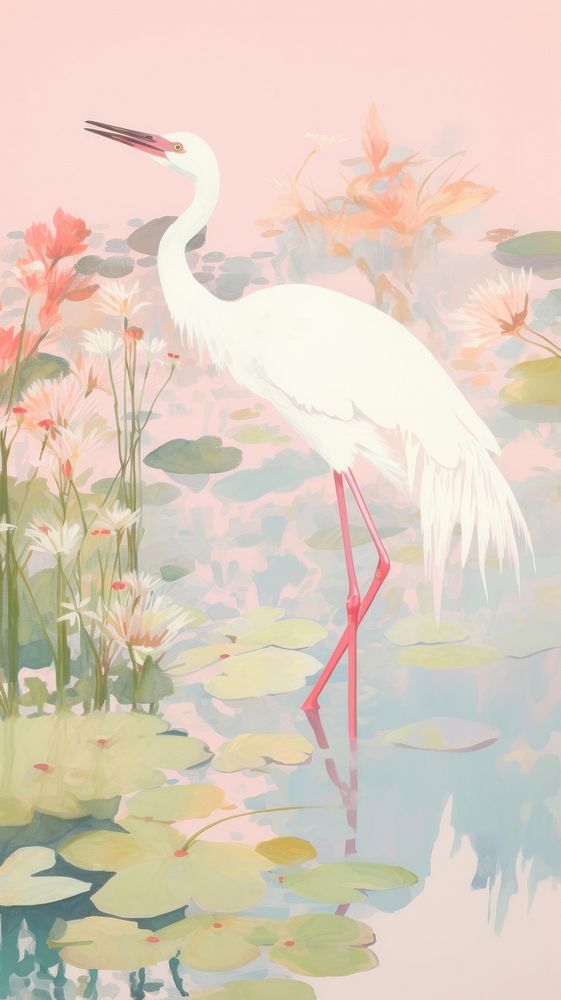Crane in a pond drawing animal sketch.