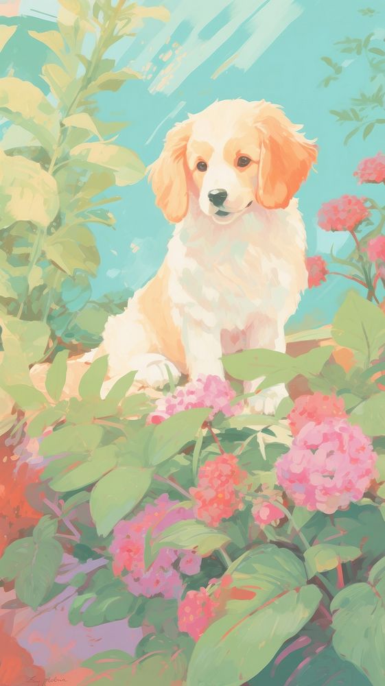 Puppy in a garden painting outdoors animal.