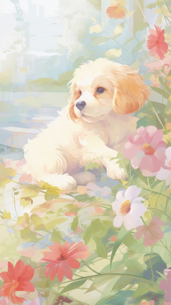 Puppy in a garden painting animal mammal.
