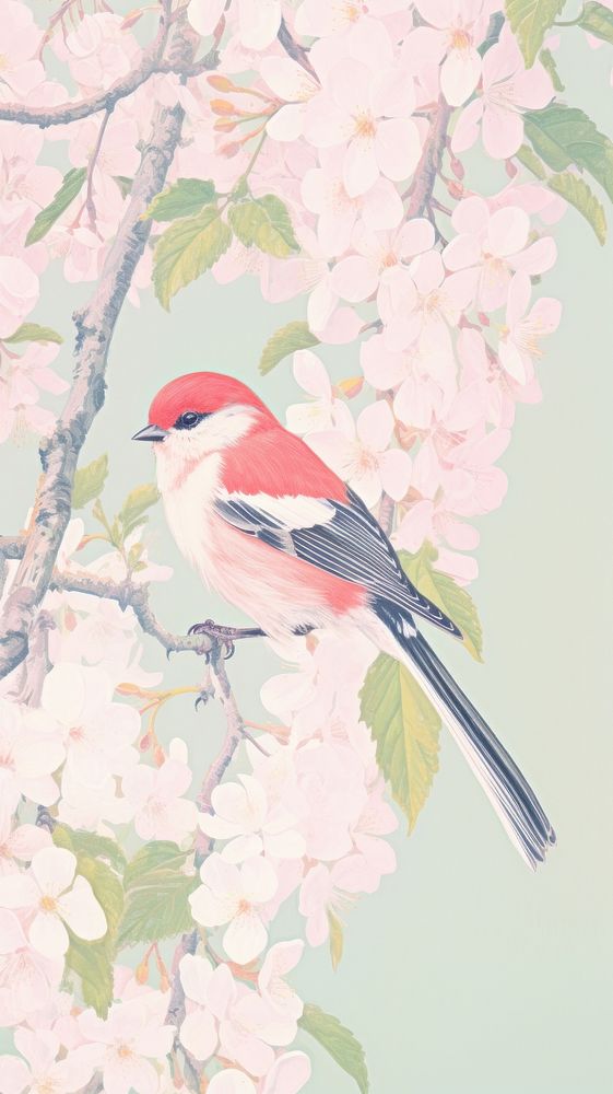 Small bird on a branch blossom flower animal.