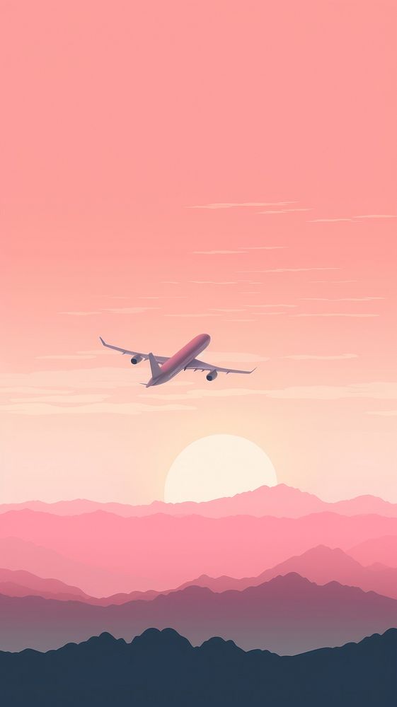 Pastel pink sunset sky and plane aircraft airplane vehicle.