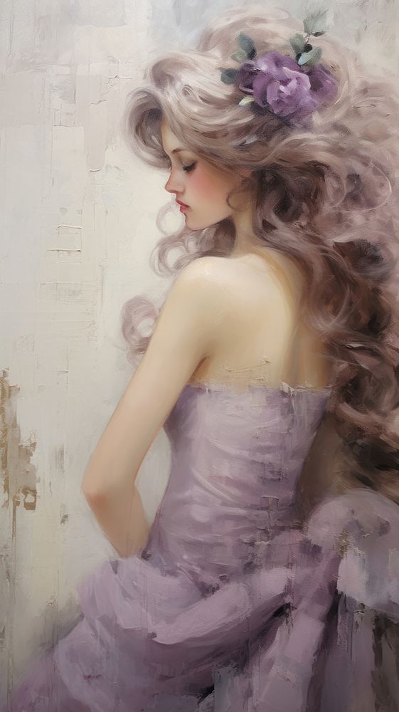 Pastel lilac purple cream painting portrait fashion.