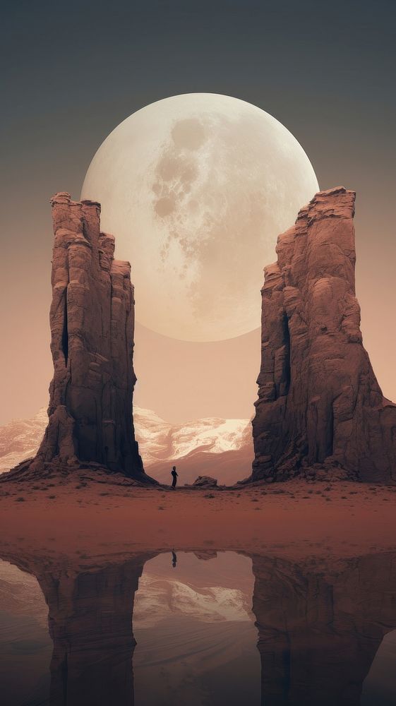 Cool wallpaper desert arch moon sky reflection.