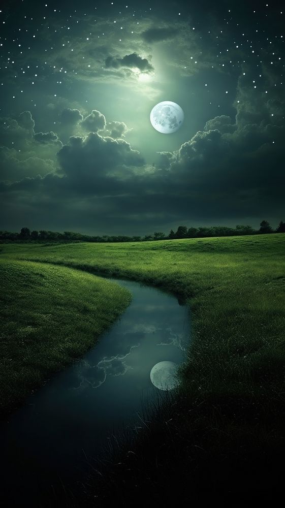 Cool wallpaper hilly grass moon reflection.